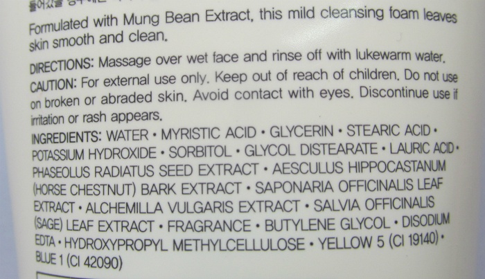 thành phần The Face Shop Herb Day 365 Cleansing Foam Mung Beans