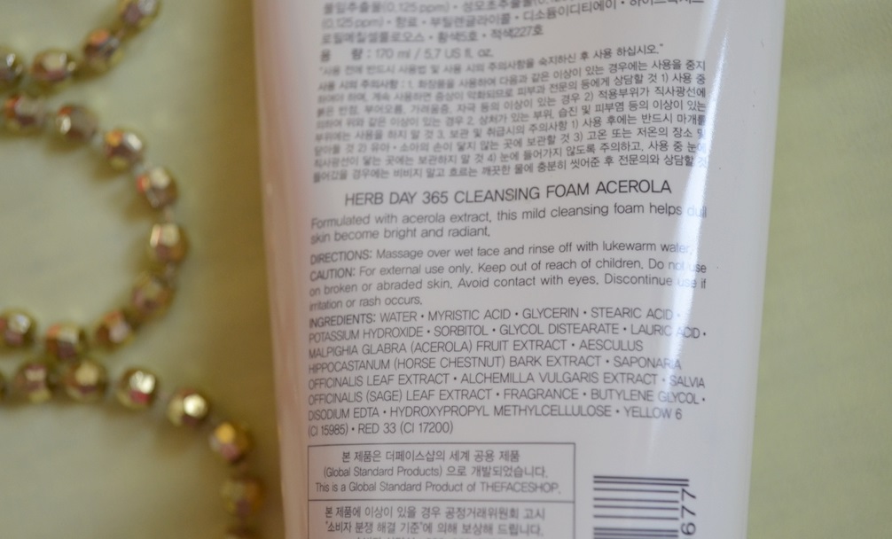 thành phần The Face Shop Herb Day 365 Cleansing Foam Acerola