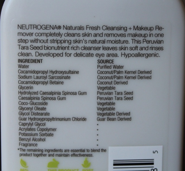 thành phần Neutrogena Naturals Fresh Cleansing + Makeup Remover