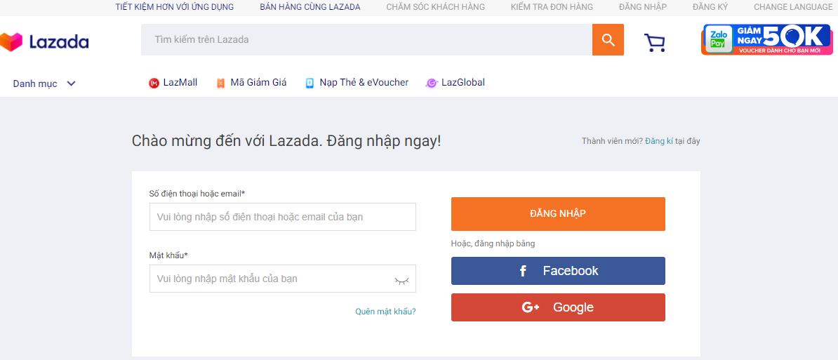 Nhập thông tin để đăng nhập Lazada