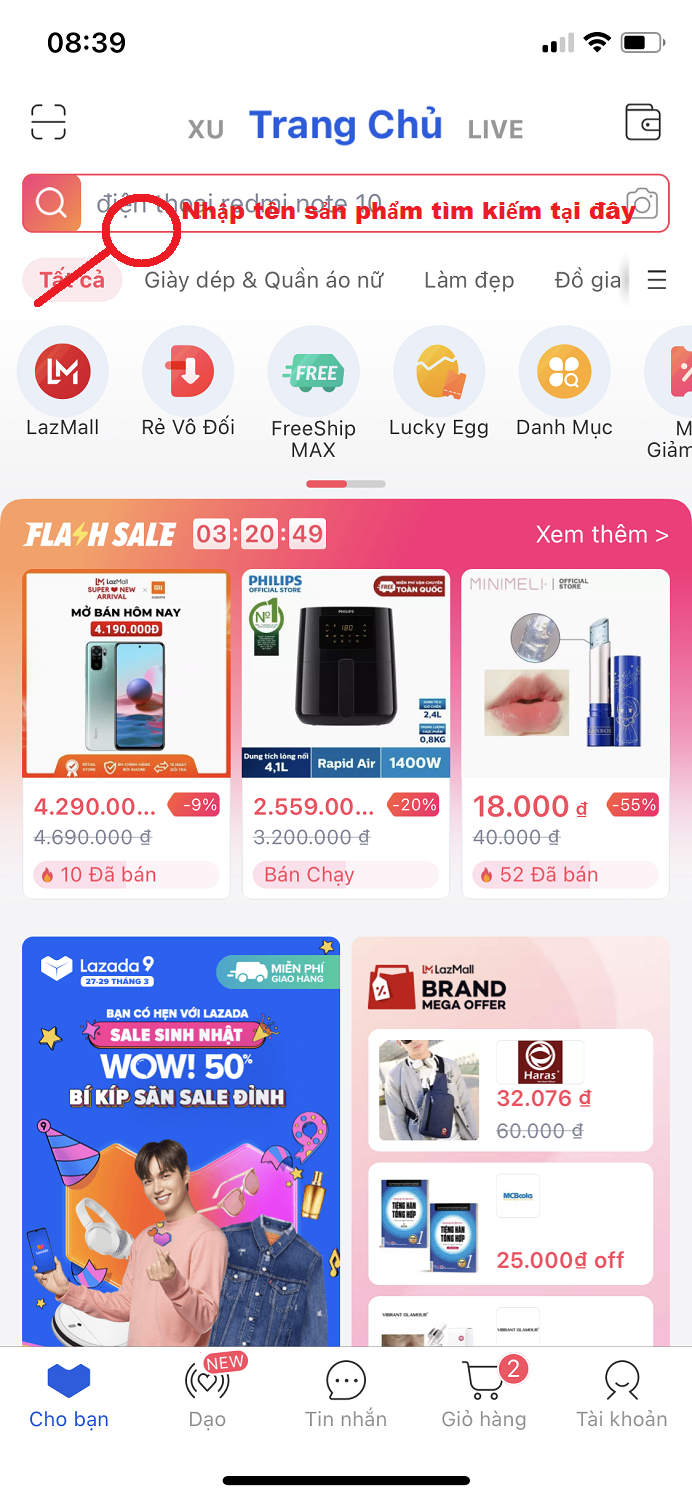 Tìm kiếm sản phẩm trên app