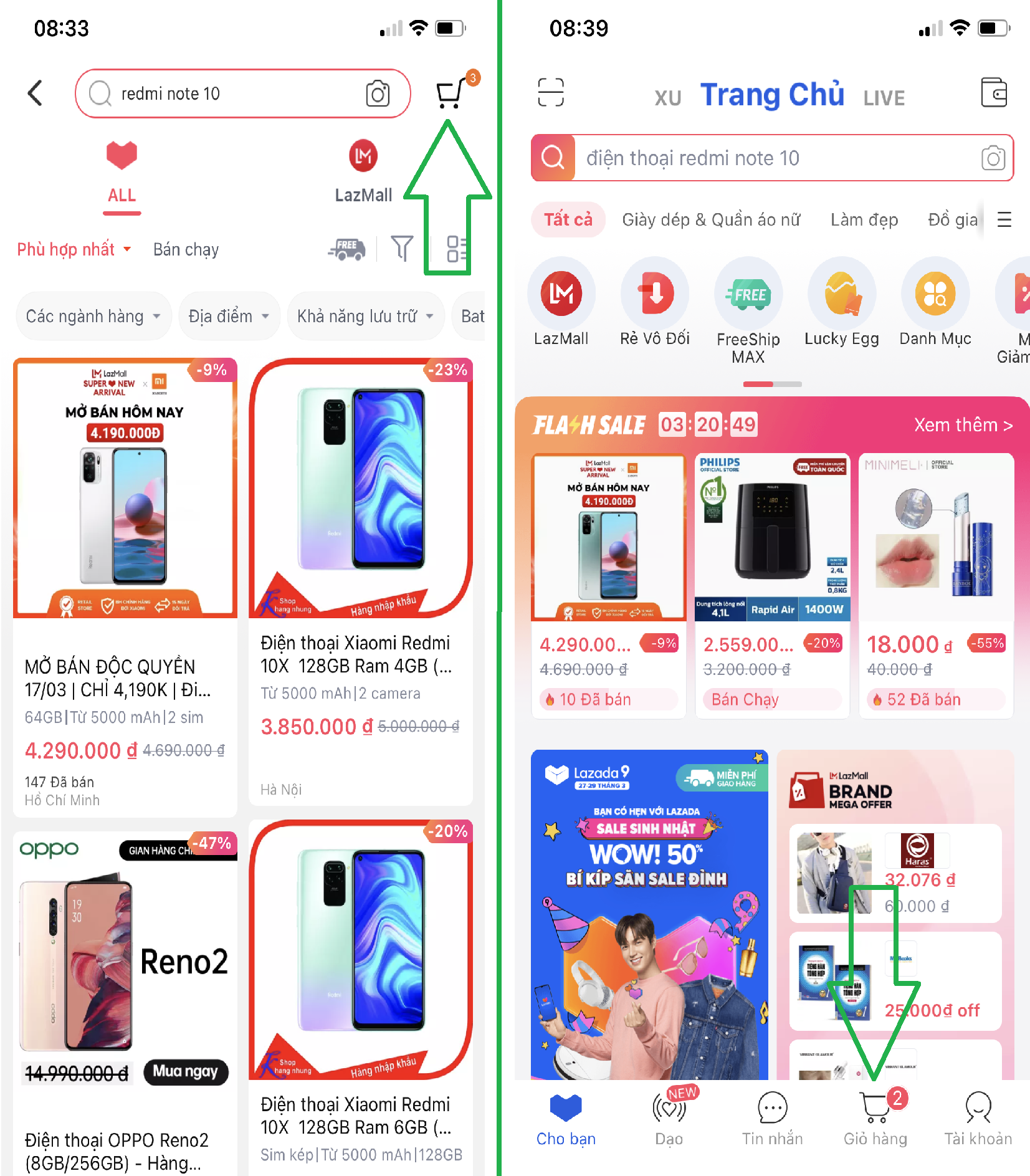 Vị trí giỏ hàng trên app