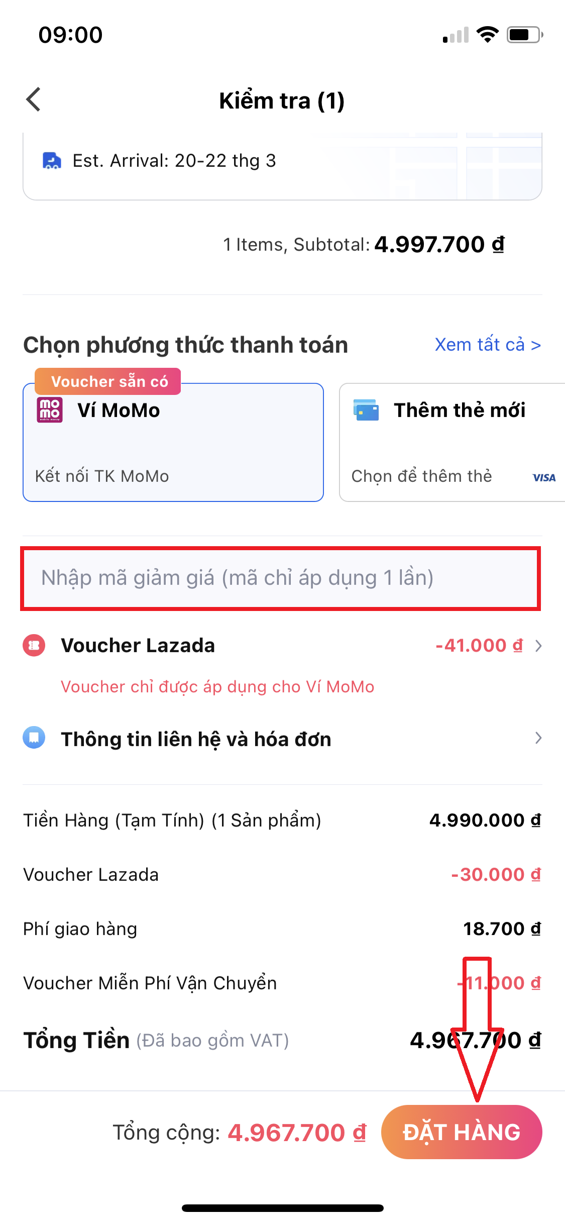 Áp mã giảm giá ( nếu có) và đặt hàng