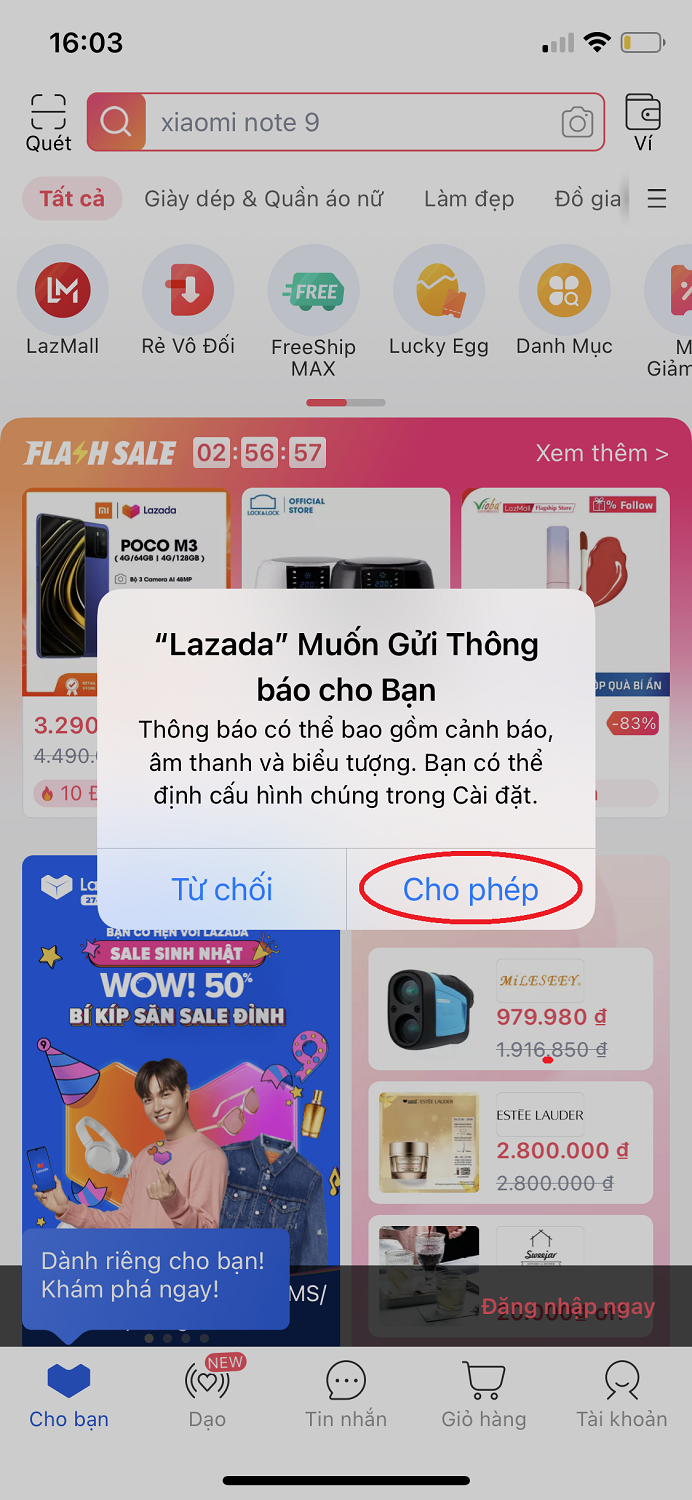 Chọn cho phép để nhận thông báo từ Lazada