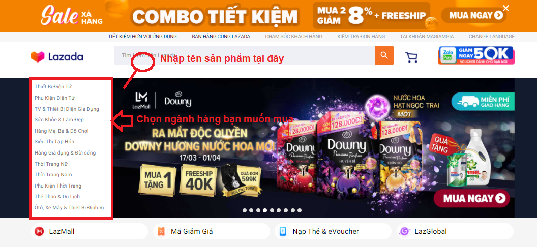 Tìm kiếm sản phẩm Lazada trên máy tính