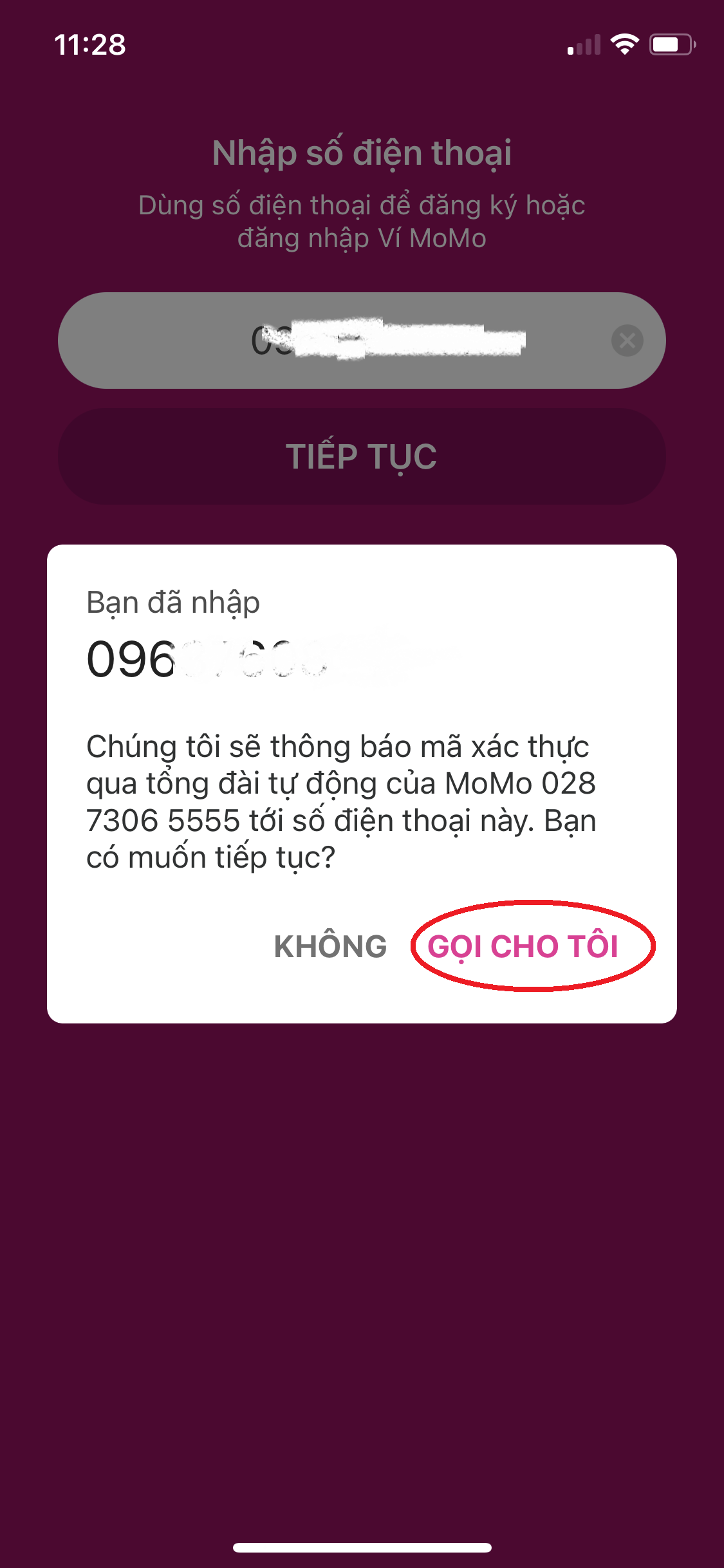 Nhận mã OTP để xác thực ví Momo