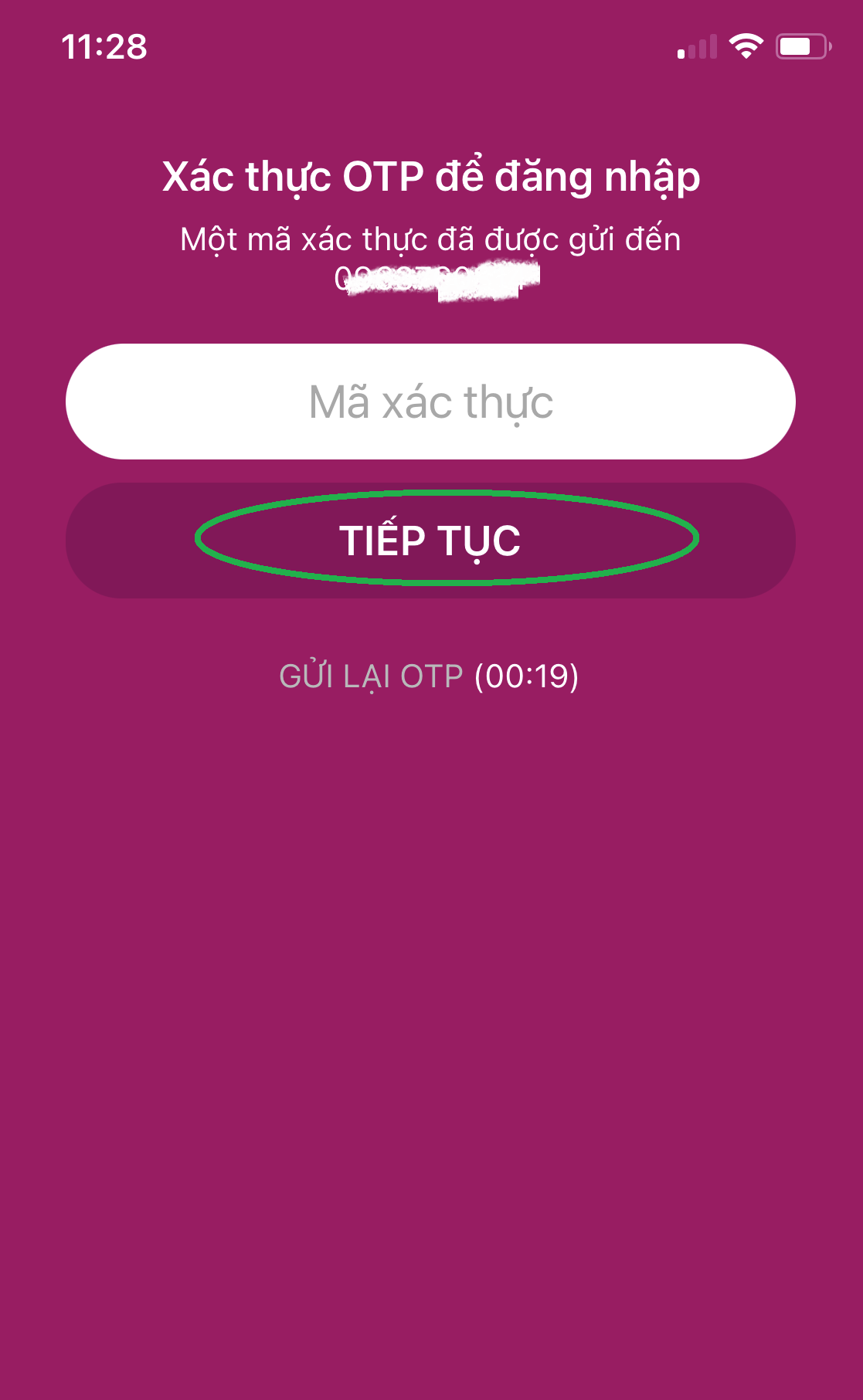 Nhập mã OTP để xác thực ví Momo