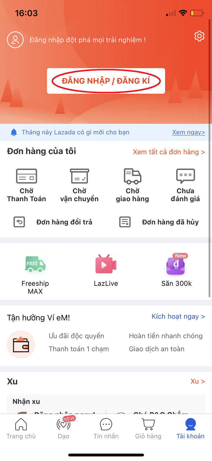 Đăng nhập/ Đăng kí tài khoản Lazada