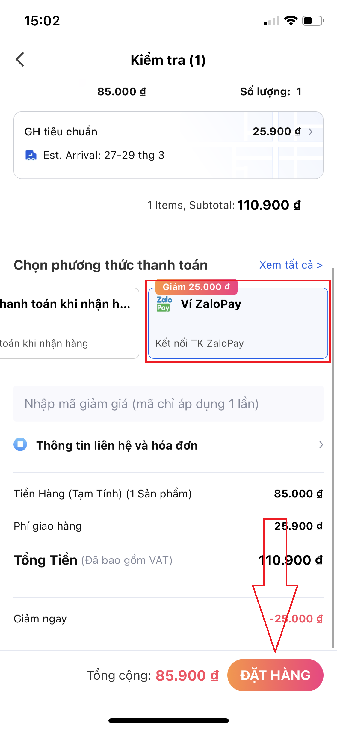 Chọn thanh toán bằng ví ZaloPay và nhấn đặt hàng
