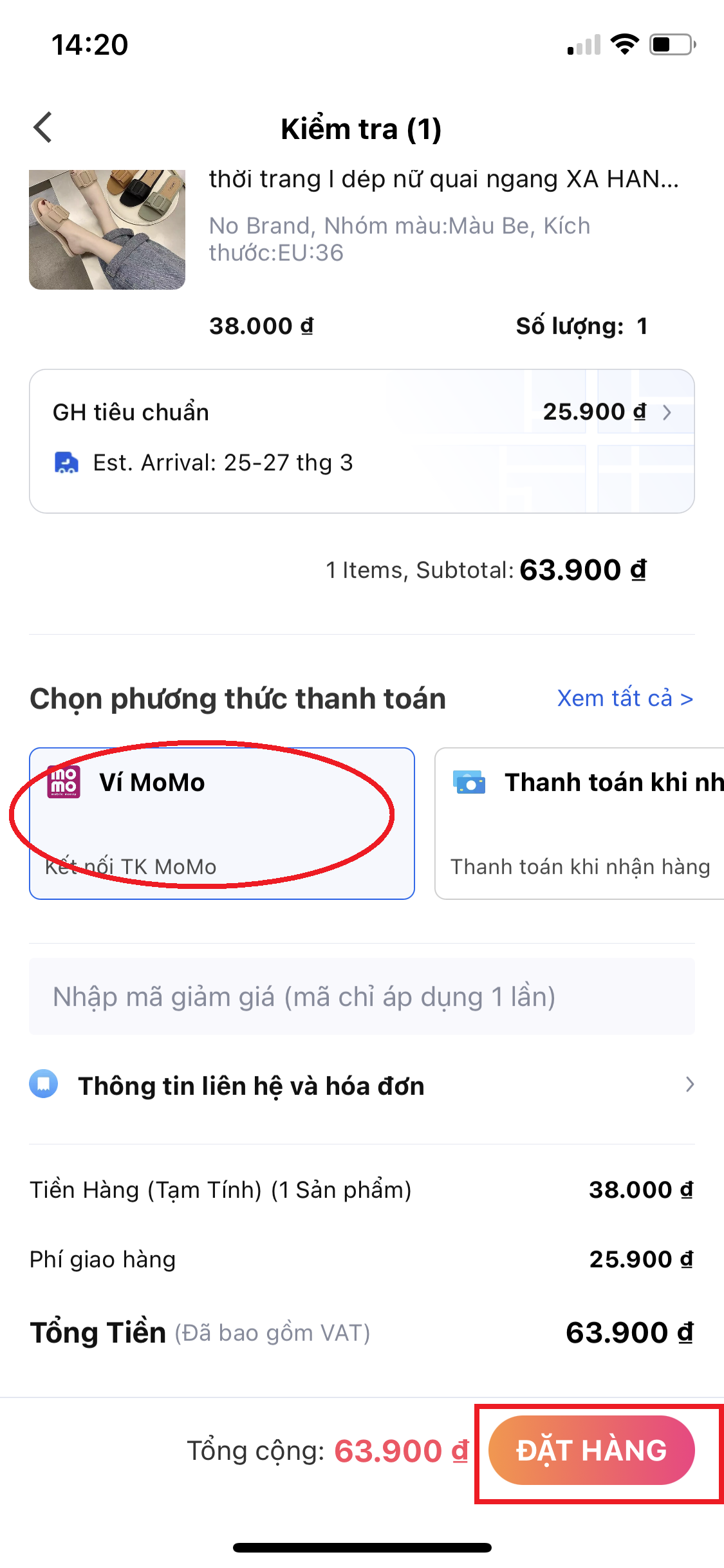 Nhấn đặt hàng sau khi chọn thanh toán bằng ví Momo