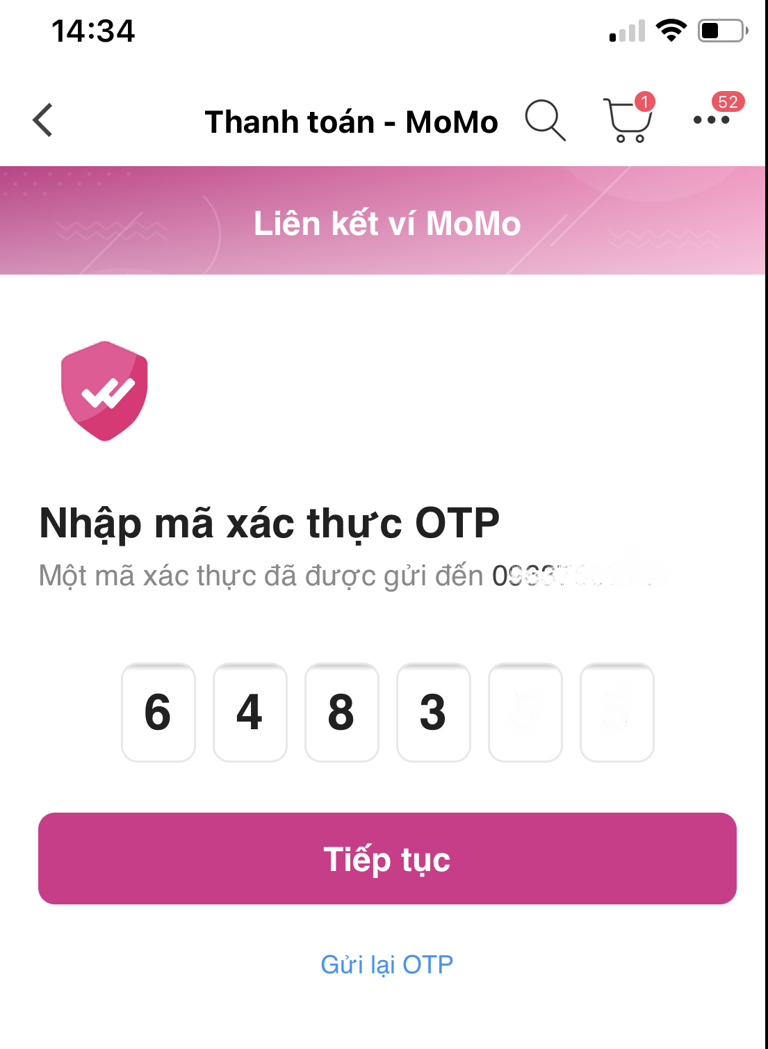 Nhập mã OTP để liên kết ví Momo với Lazada