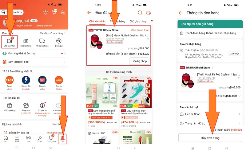 Hủy đơn hàng Shopee